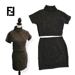 Fendi *RARE* Vintage Two-Piece FF Roma Amor Grey Wool Blend Top & Skirt Set VGUC